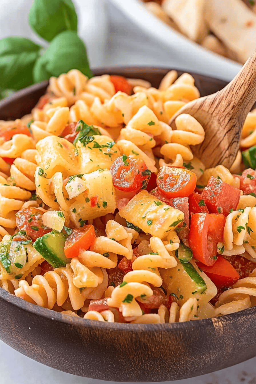 pasta salad tips slice on plate showing perfect texture and swirl pattern