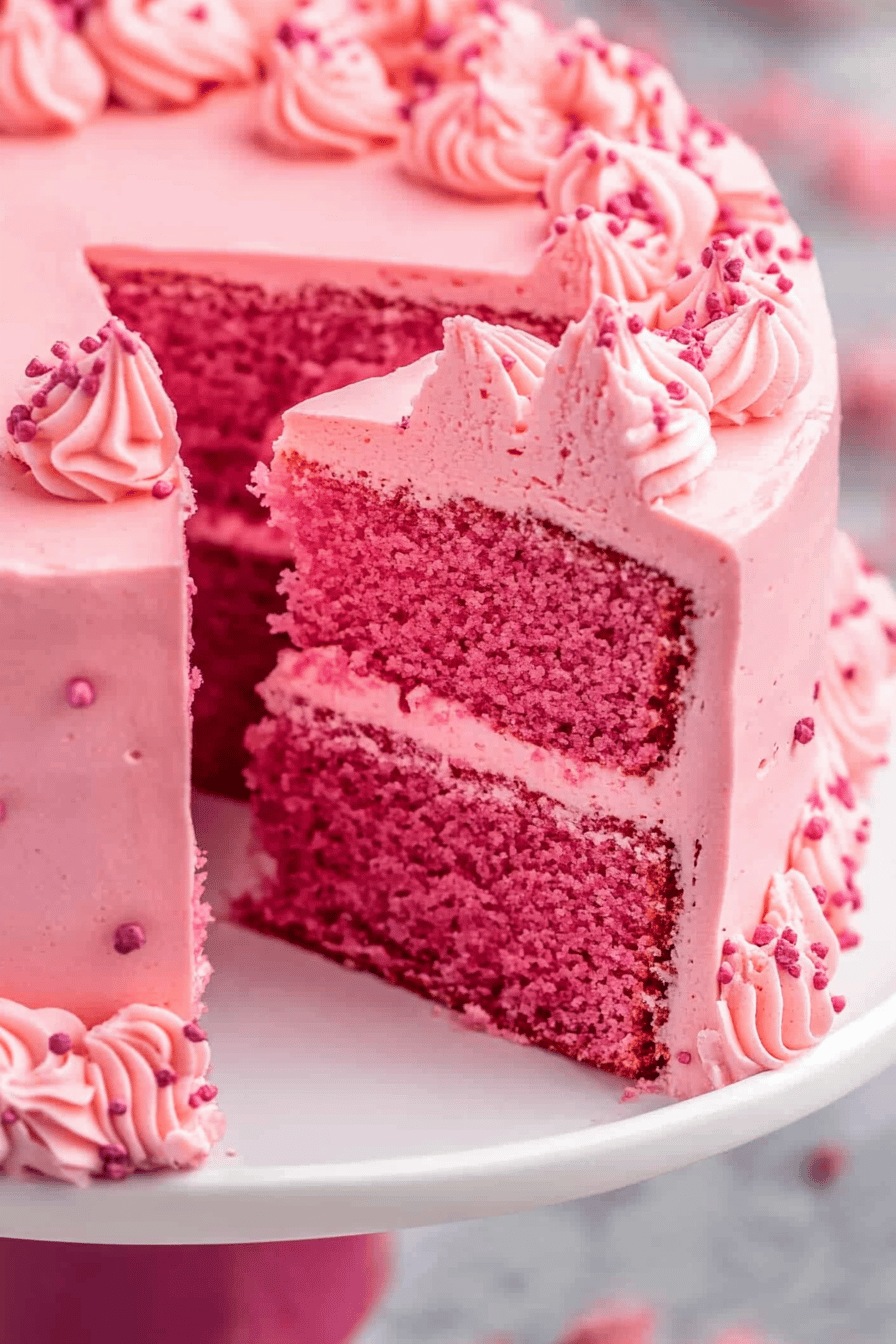 pink cake recipe slice on plate showing perfect texture and swirl pattern