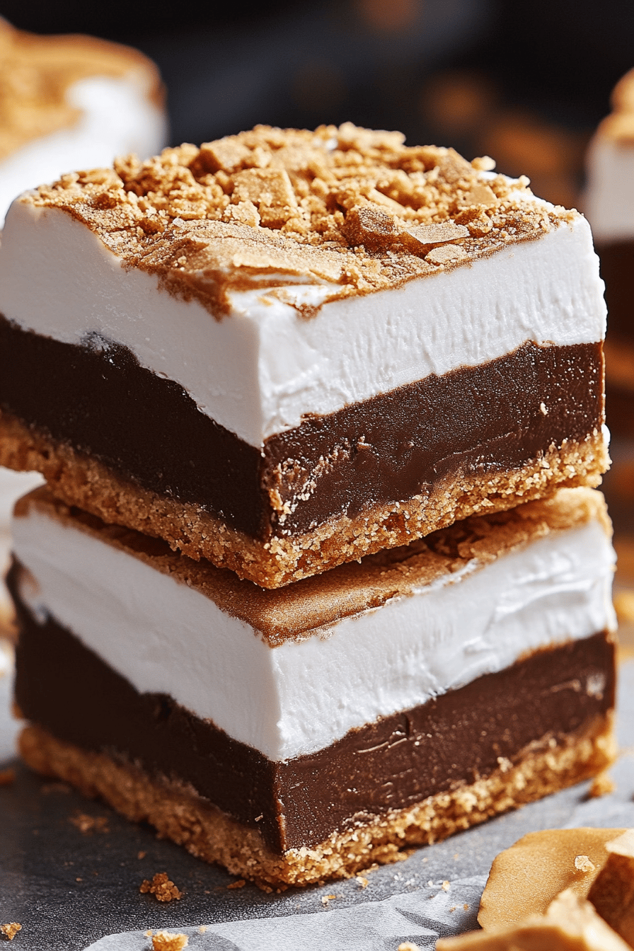 7-Layer S'mores Fudge Bars slice on plate showing perfect texture and swirl pattern