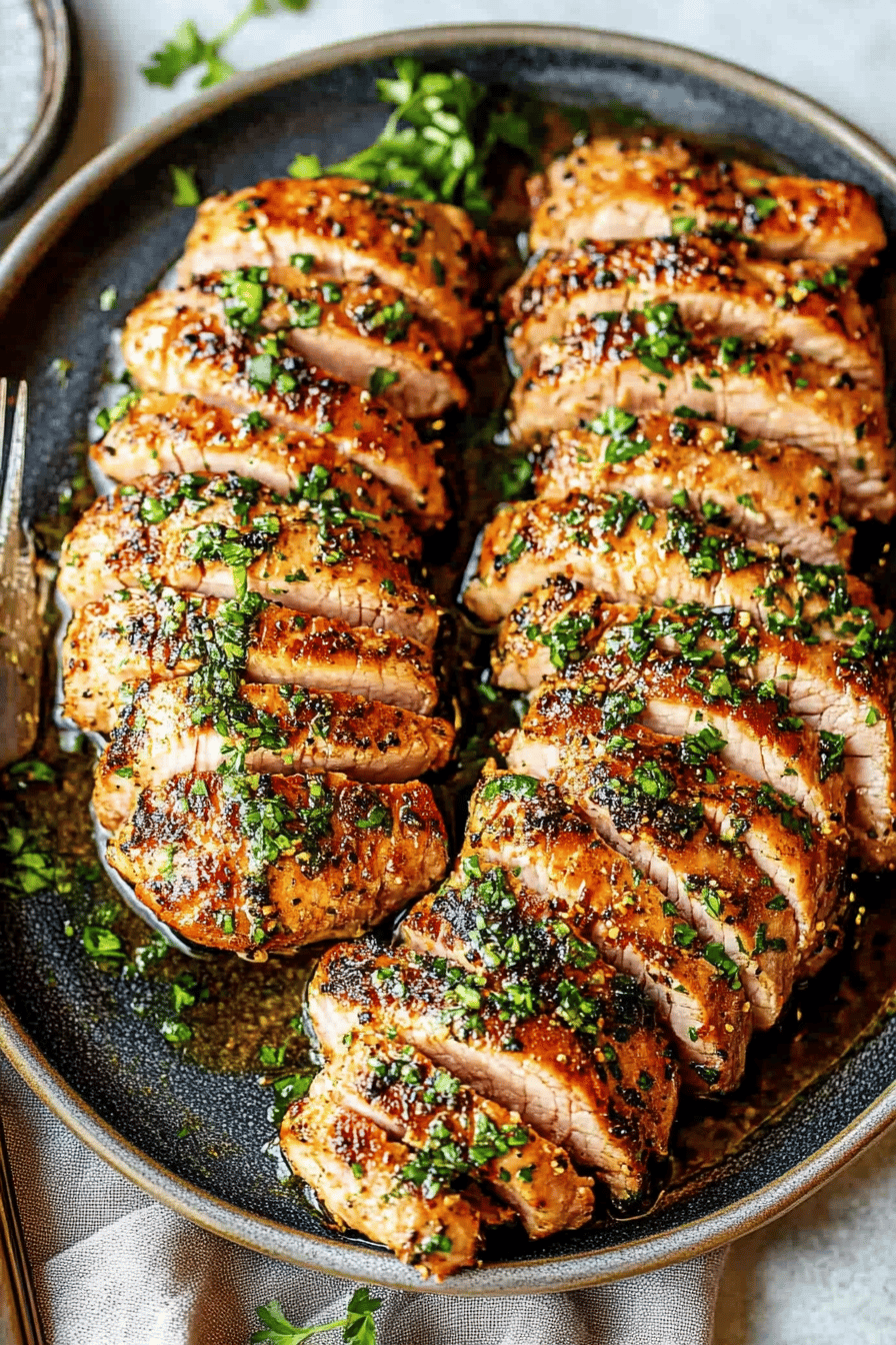 Baked Pork Tenderloin slice on plate showing perfect texture and swirl pattern