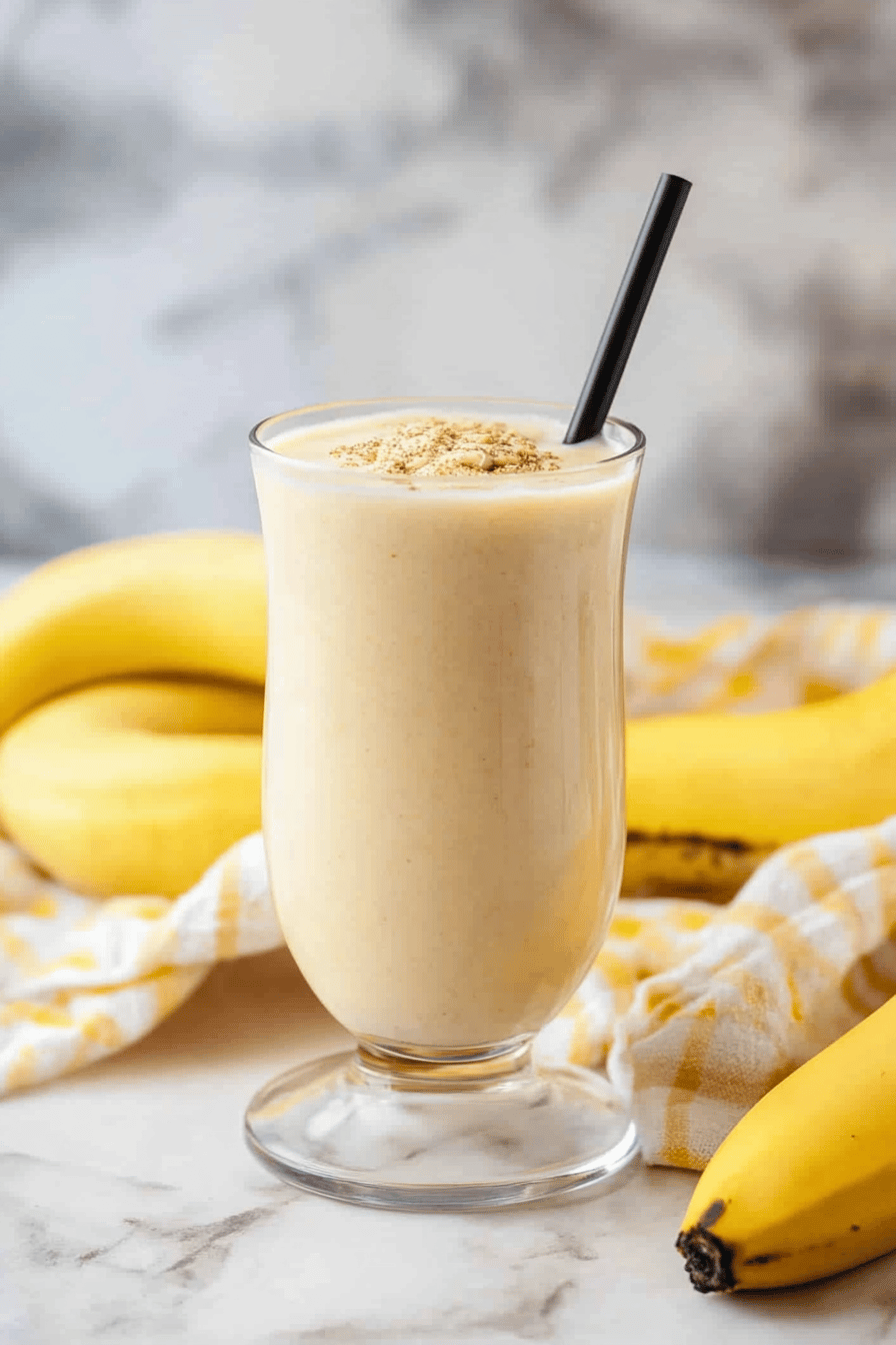 Bananas Con Leche Smoothie ingredients organized and measured on kitchen counter