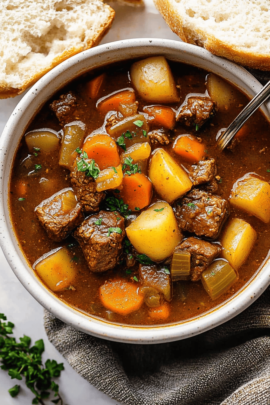 Beef Stew Recipe ingredients organized and measured on kitchen counter