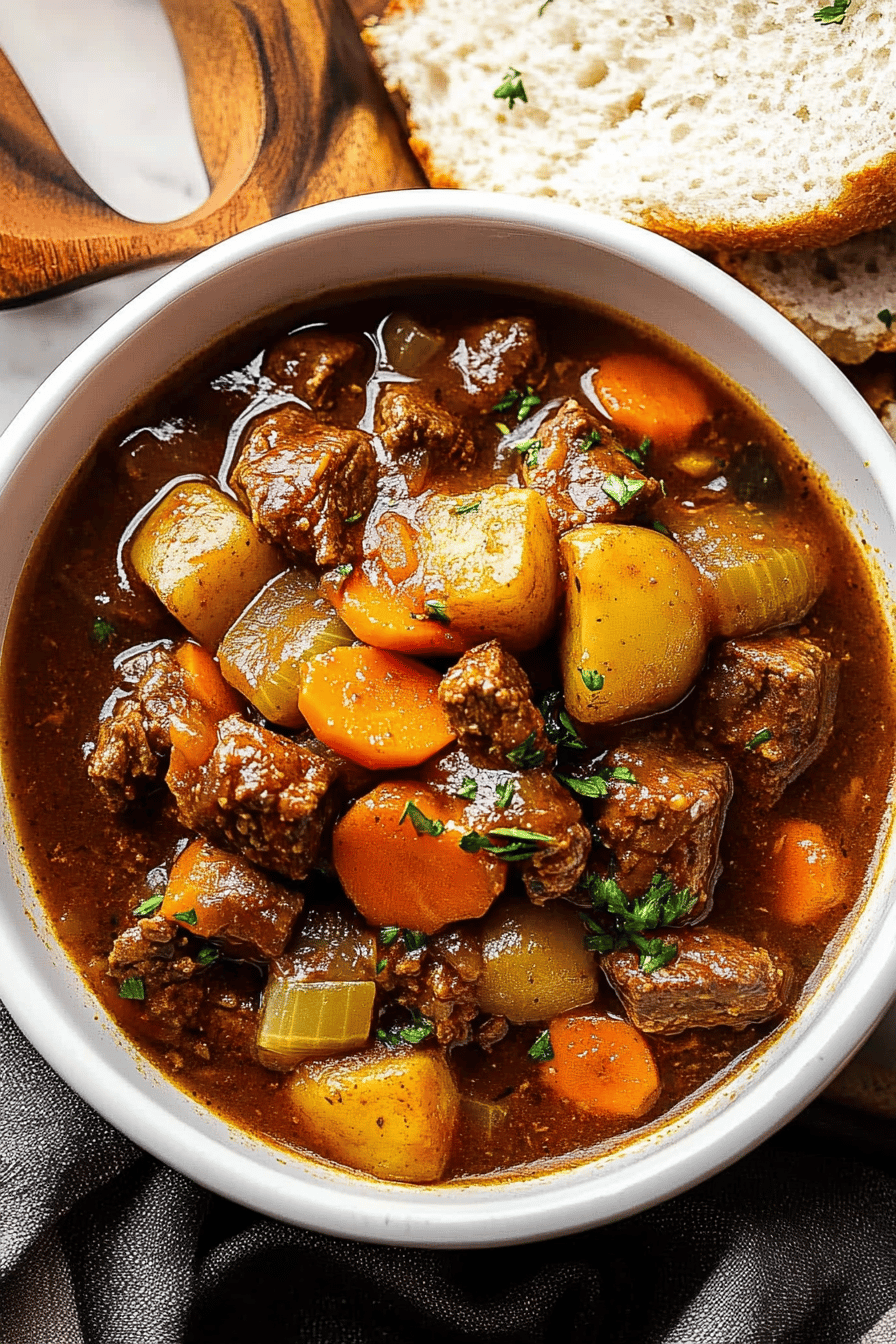 Beef Stew Recipe slice on plate showing perfect texture and swirl pattern