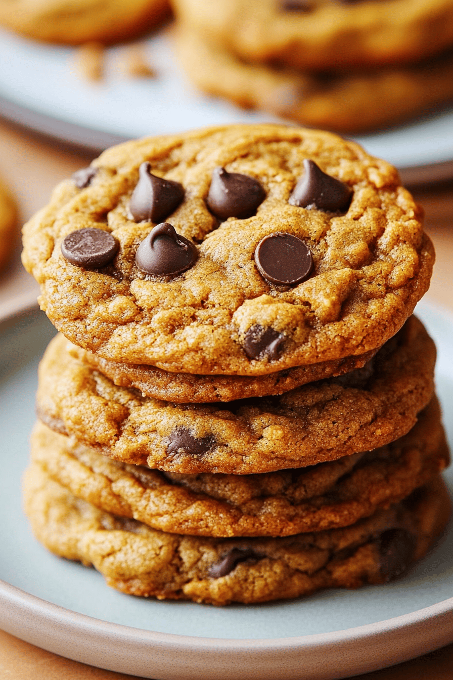 Brown Butter Pumpkin Chocolate Chip Cookies slice on plate showing perfect texture and swirl pattern
