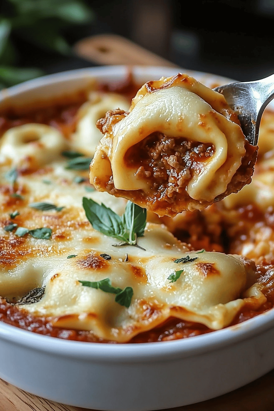 Cheesy Baked Tortellini slice on plate showing perfect texture and swirl pattern