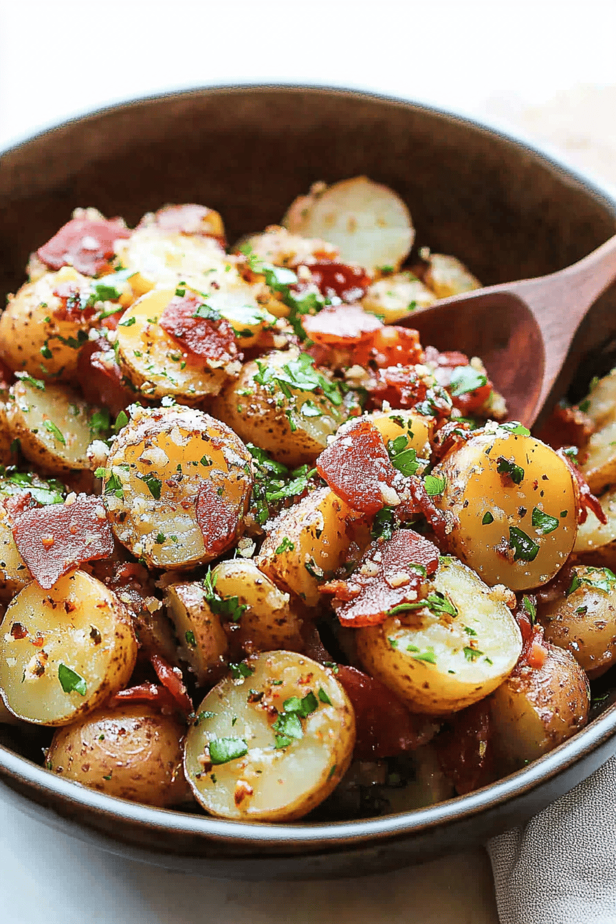 German Potato Salad Recipe slice on plate showing perfect texture and swirl pattern