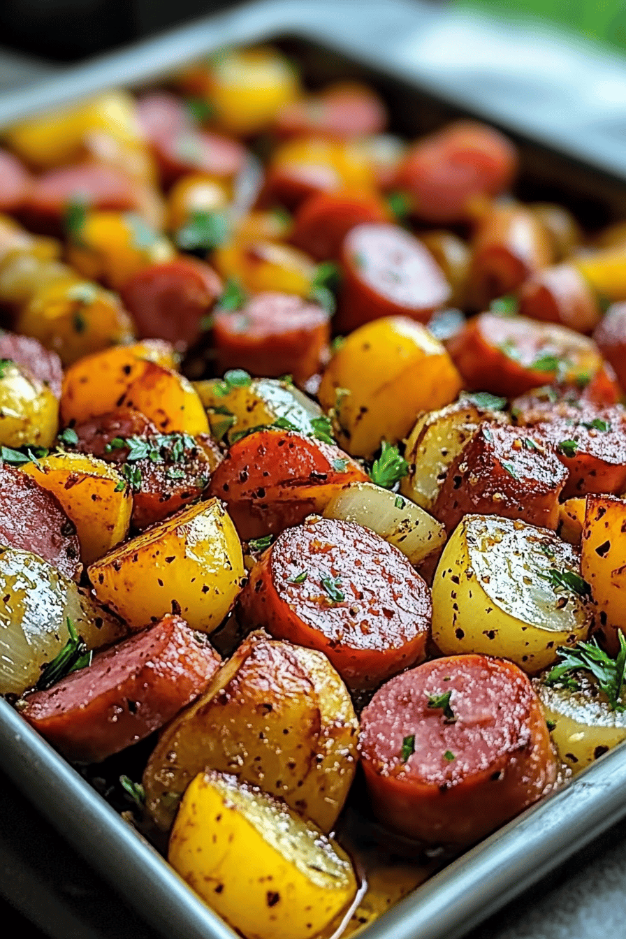 Kielbasa Sheet Pan Meal ingredients organized and measured on kitchen counter