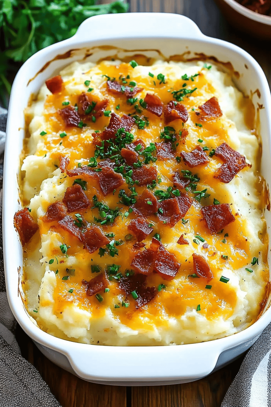 Loaded Mashed Potato Casserole slice on plate showing perfect texture and swirl pattern