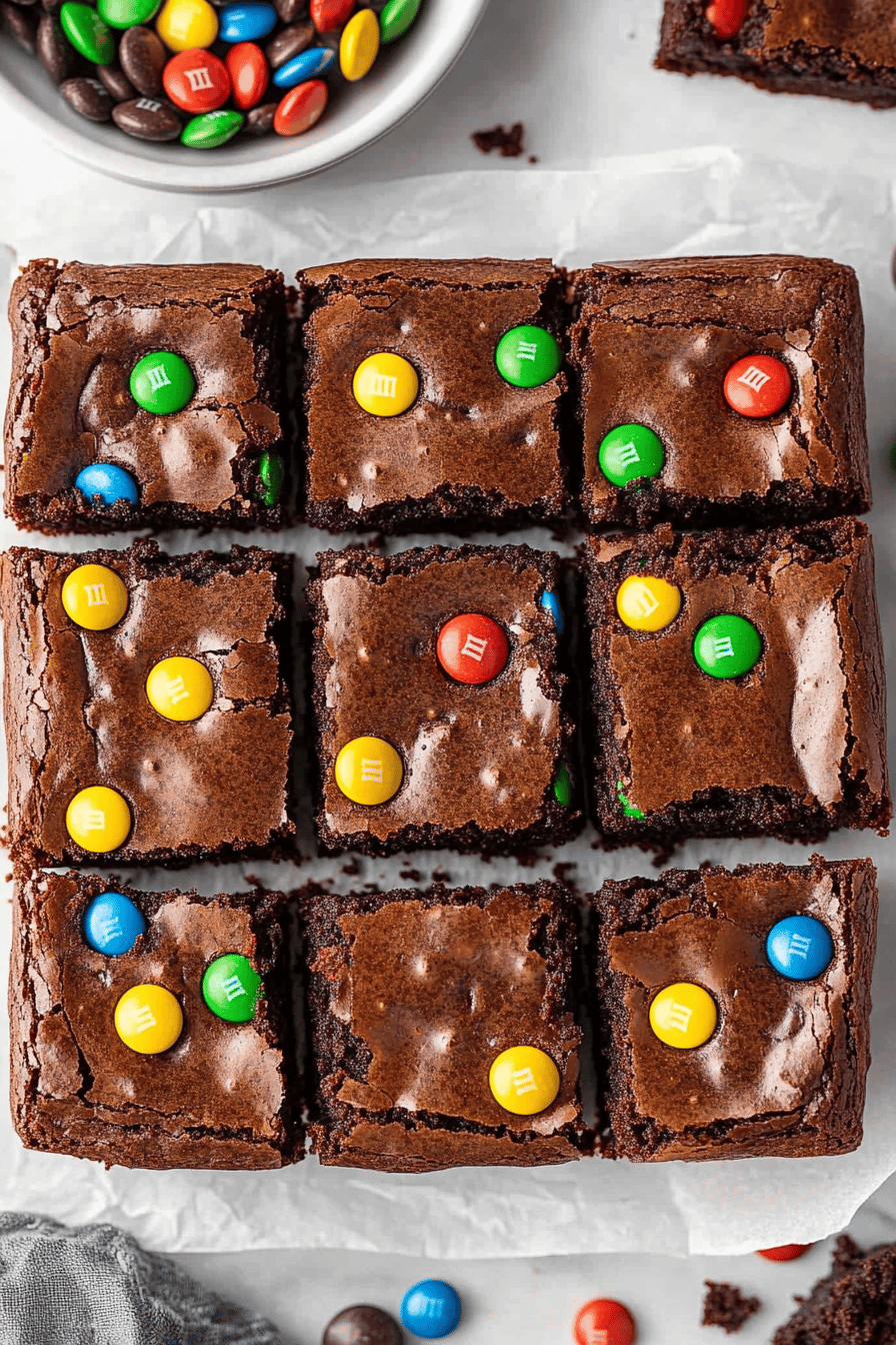 M&M Brownies Recipe ingredients organized and measured on kitchen counter