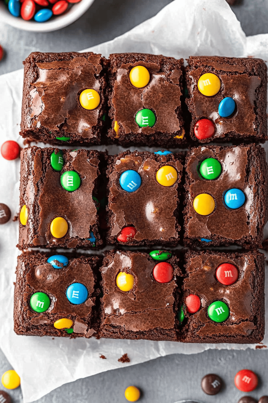 M&M Brownies Recipe slice on plate showing perfect texture and swirl pattern