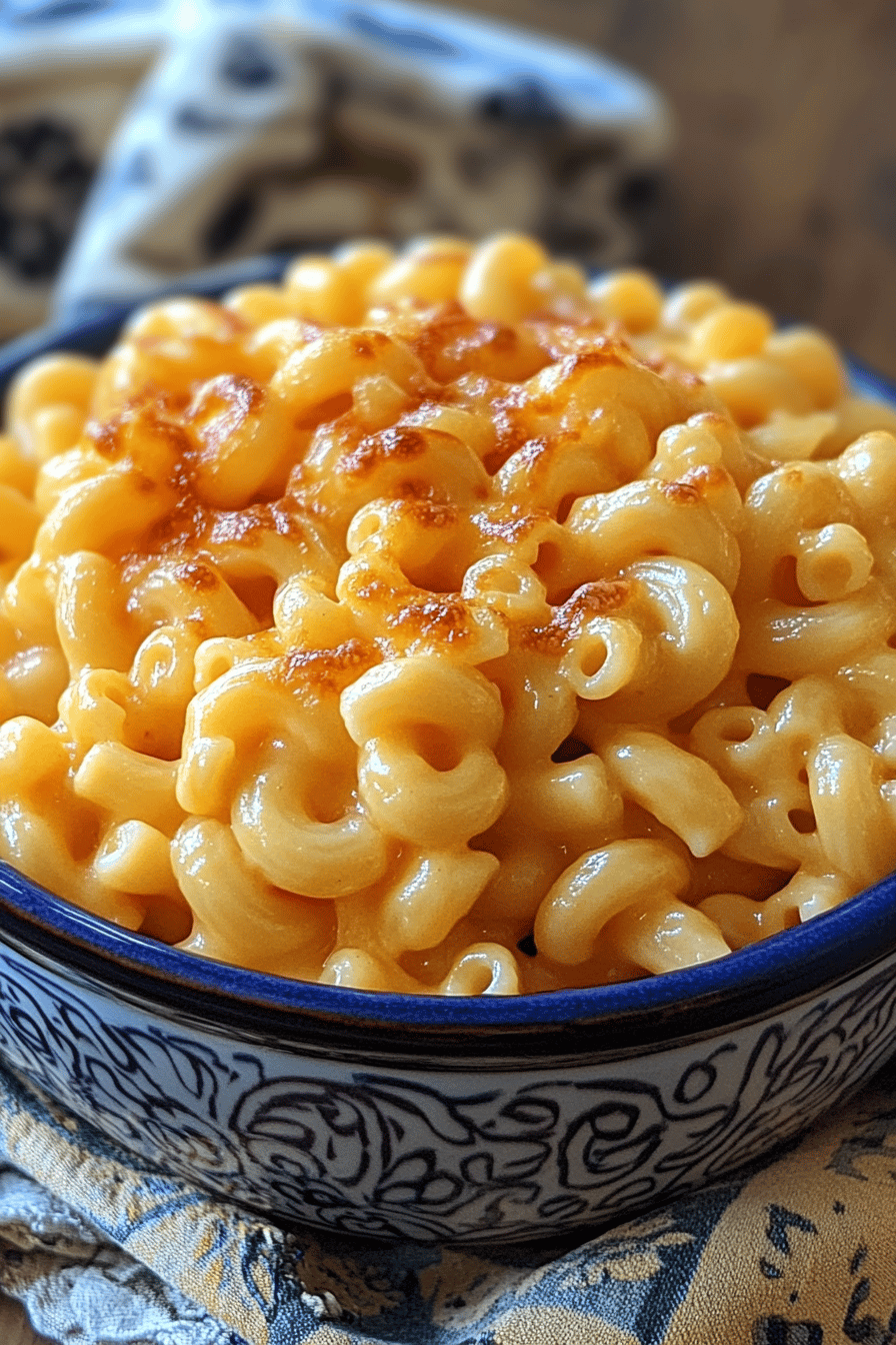 Mac and Cheese Recipe slice on plate showing perfect texture and swirl pattern