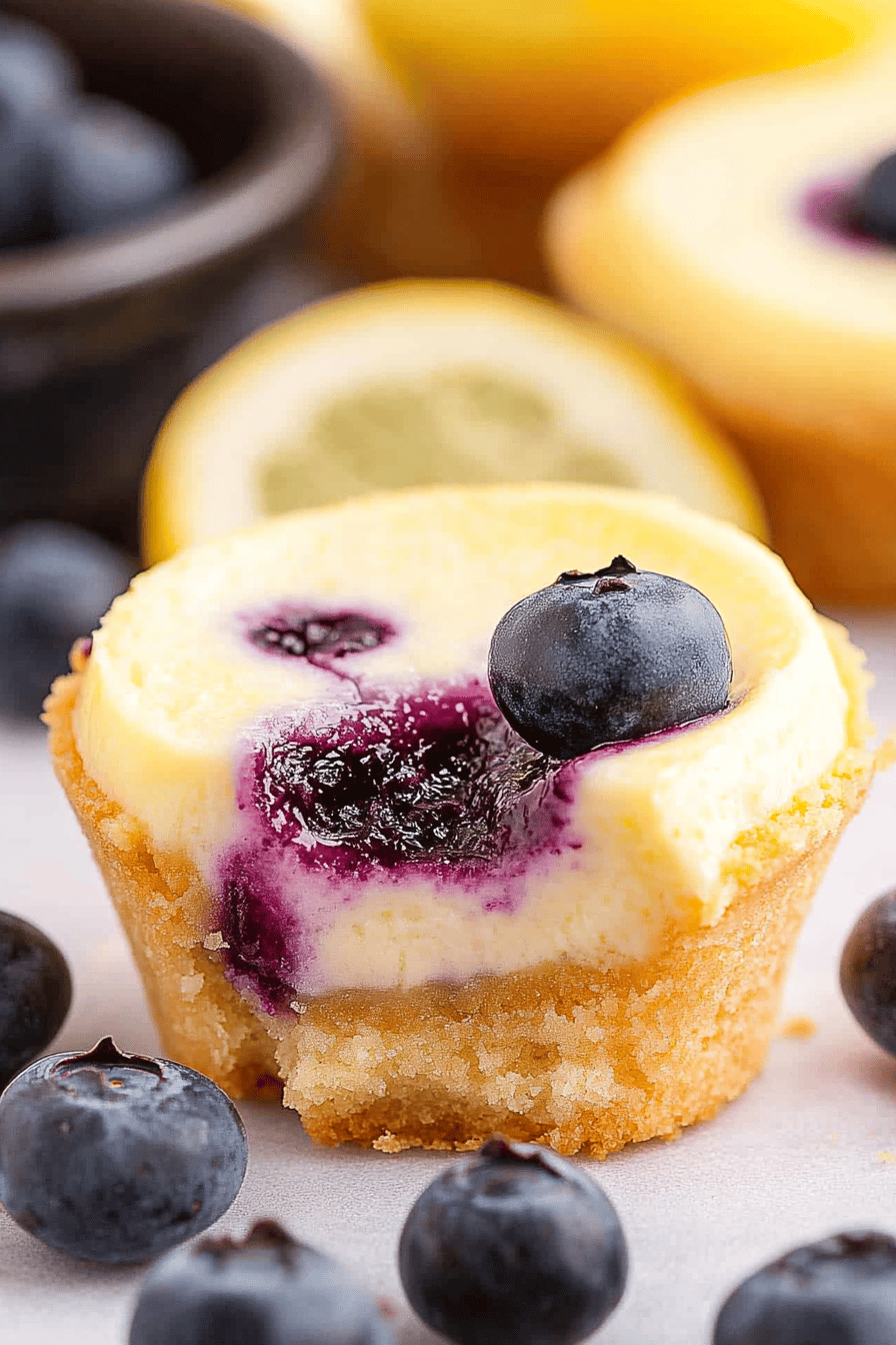 Mini Lemon Blueberry Cheesecakes slice on plate showing perfect texture and swirl pattern