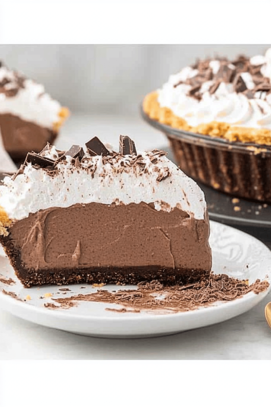 No-Bake Chocolate Pudding Pie slice on plate showing perfect texture and swirl pattern
