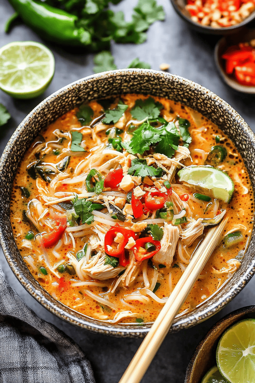 Thai Chicken Noodle Soup ingredients organized and measured on kitchen counter
