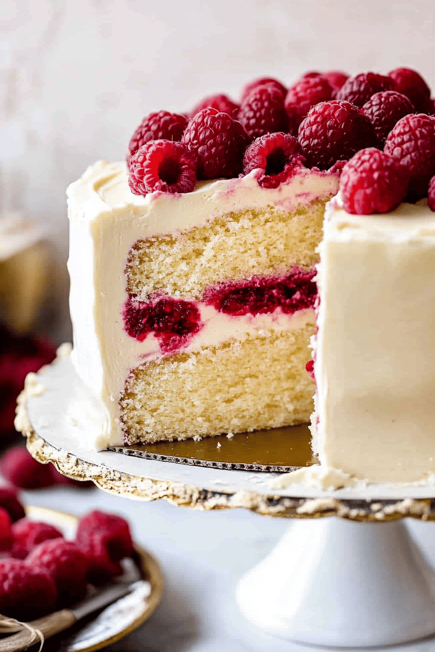 White Chocolate Raspberry Cake slice on plate showing perfect texture and swirl pattern