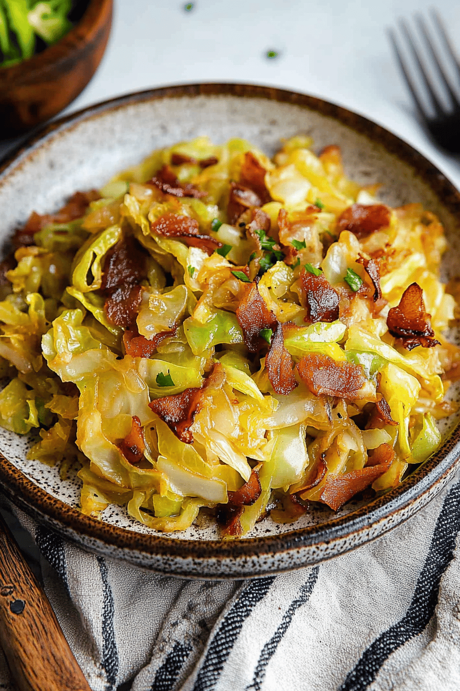 fried cabbage recipe slice on plate showing perfect texture and swirl pattern