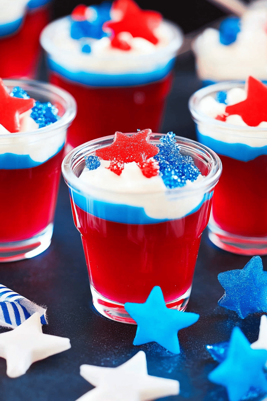 red white blue jello shots ingredients organized and measured on kitchen counter
