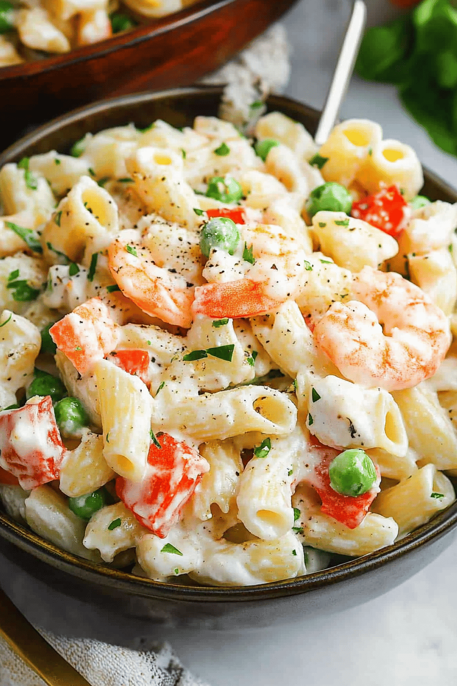 seafood pasta salad ingredients organized and measured on kitchen counter