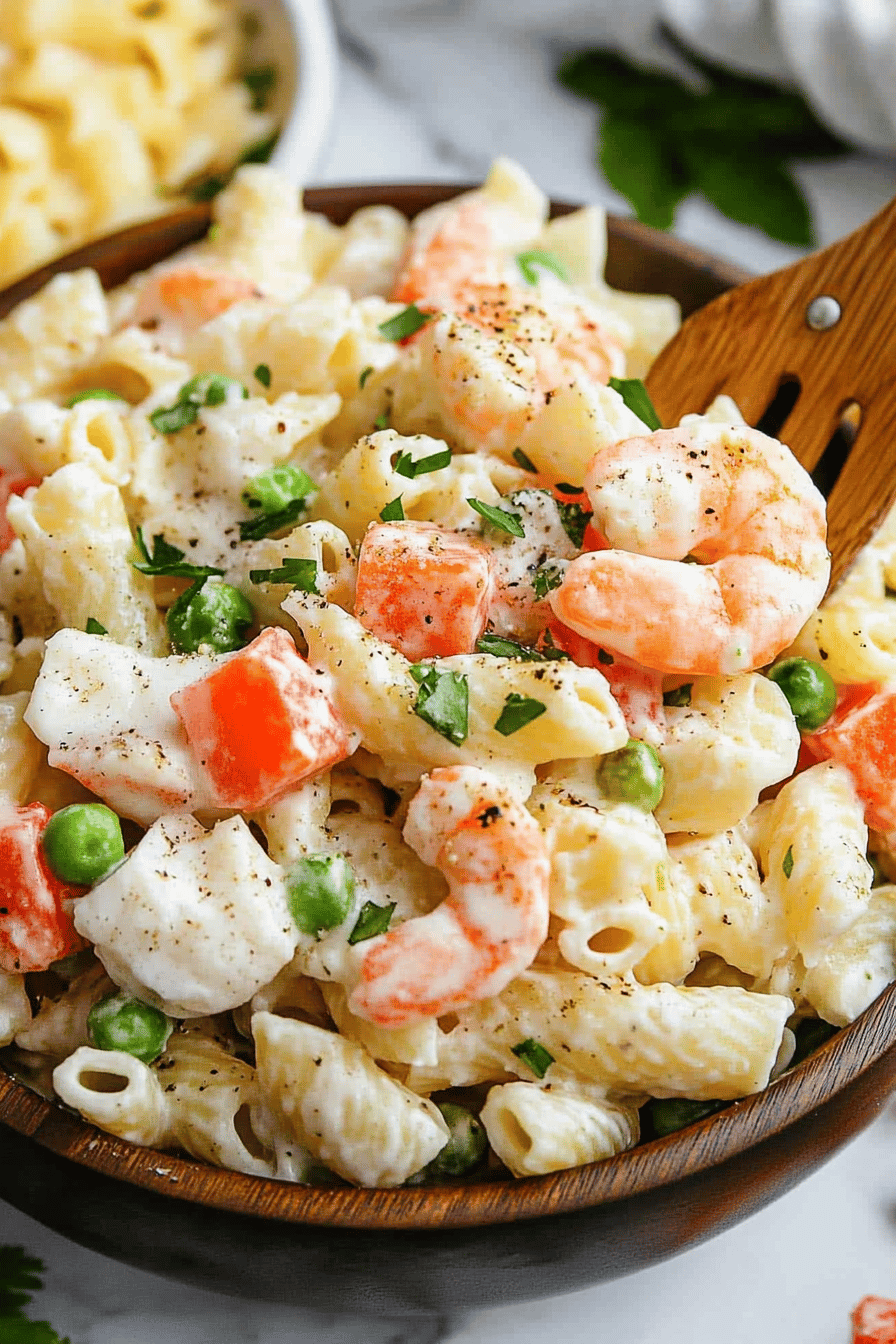 seafood pasta salad slice on plate showing perfect texture and swirl pattern